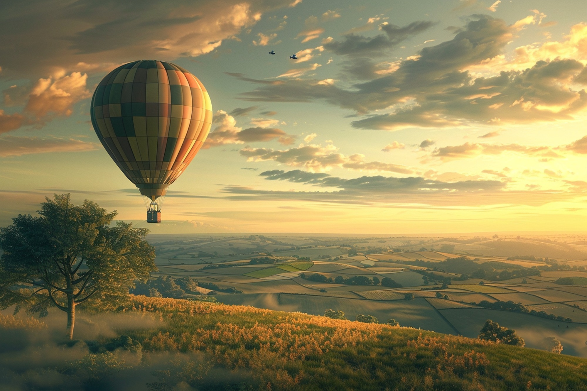 hot-air-balloon-flying-field-grass-trees